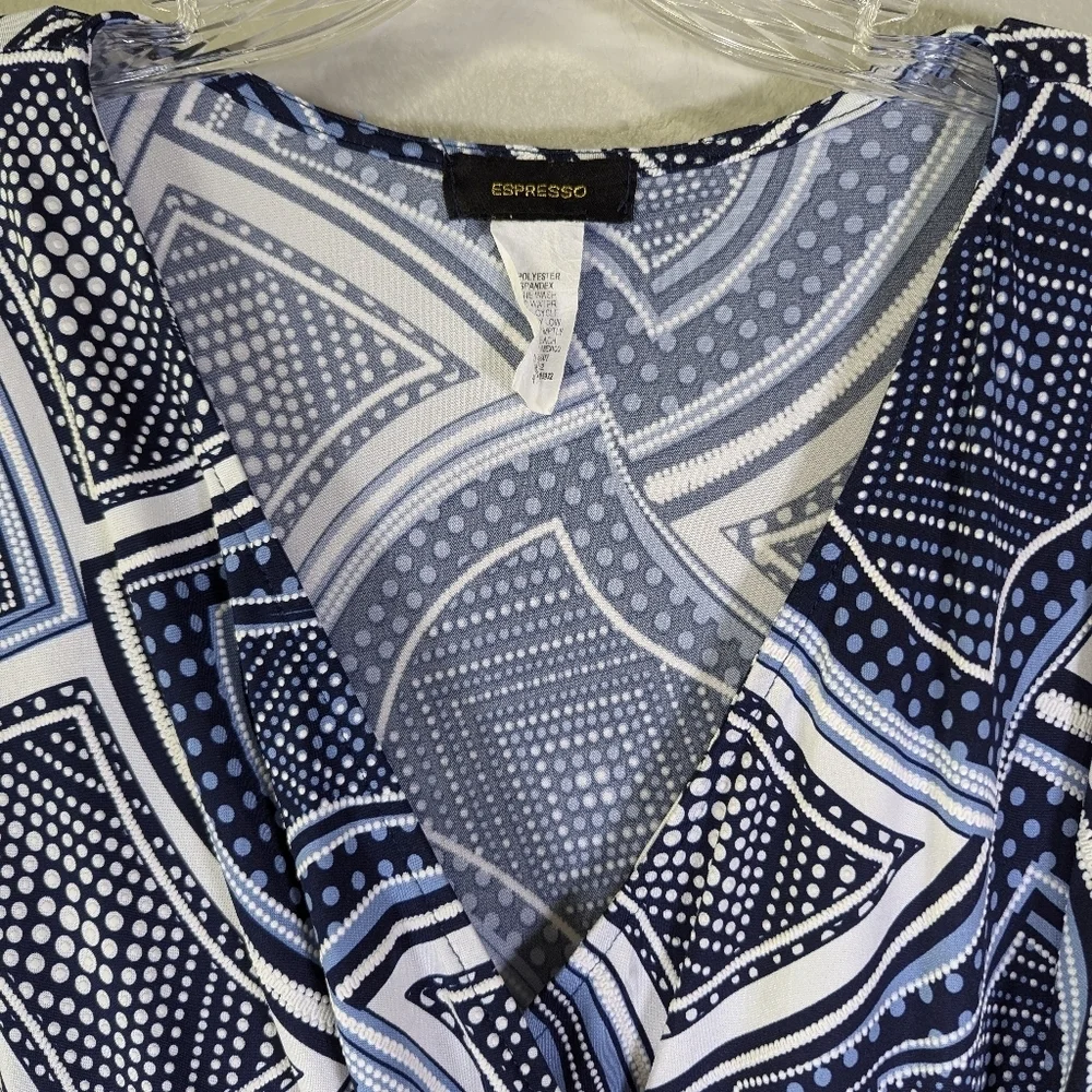 Expresso women's blue, black,white deco dress with tie front size petite medium